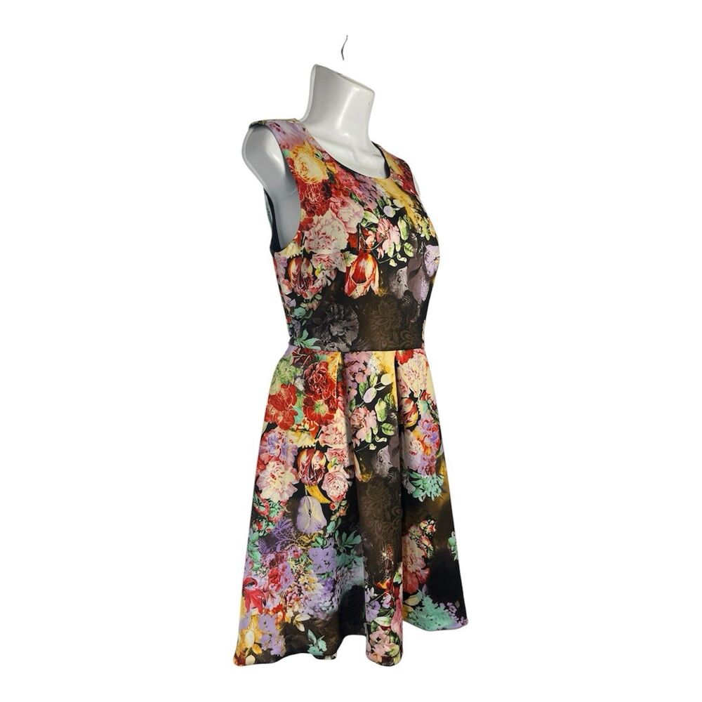 Betsey Johnson Mini Dress Size 4 Black Floral Fit Flare Sleeveless Party Retro - Picture 3 of 8